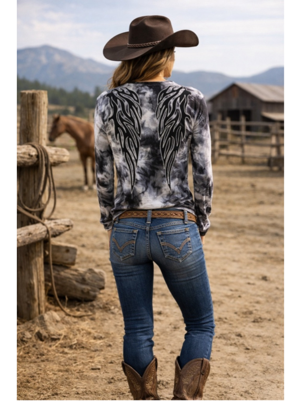 Ariat Top Women L Embroidered Wing Back Western Rodeo Y2K Black Grey Tie Dye